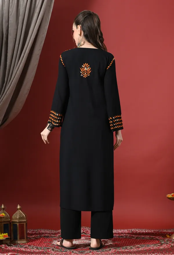 Black_&_Orange_work_Handcrafted_Chikankari_Kurta