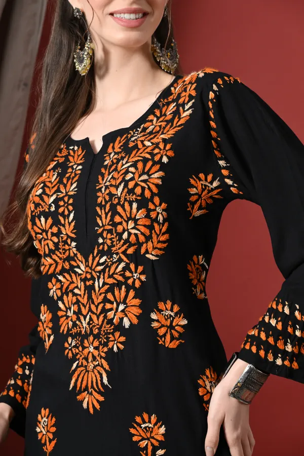 Black_&_Orange_work_Handcrafted_Chikankari_Kurta