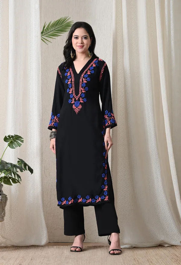 Black_Hand_Embroidered_Chikankari_Rayon_Kurta_with_Blue_Floral_Thread_Work