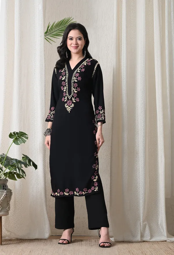 Black_Hand_Embroidered_Chikankari_Rayon_Kurta_with_Purple_Floral_Thread_Work