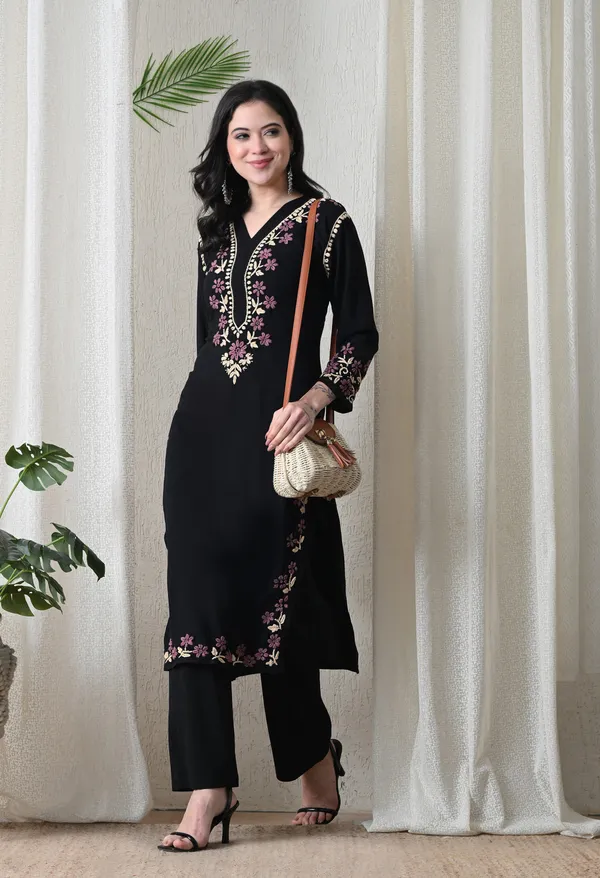Black_Hand_Embroidered_Chikankari_Rayon_Kurta_with_Purple_Floral_Thread_Work