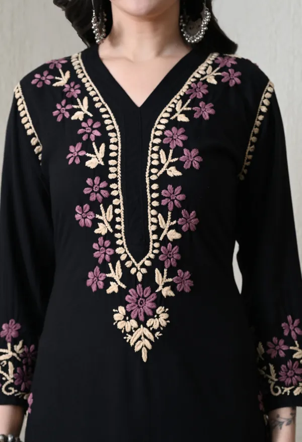 Black_Hand_Embroidered_Chikankari_Rayon_Kurta_with_Purple_Floral_Thread_Work