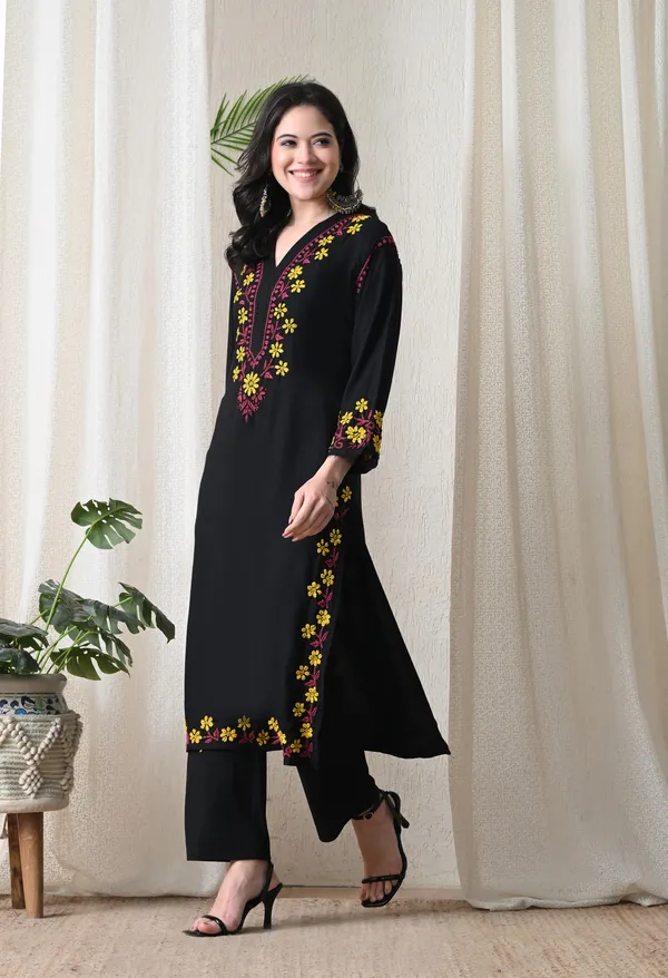Black_Hand_Embroidered_Chikankari_Rayon_Kurta_with_Yellow_Floral_Thread_Work