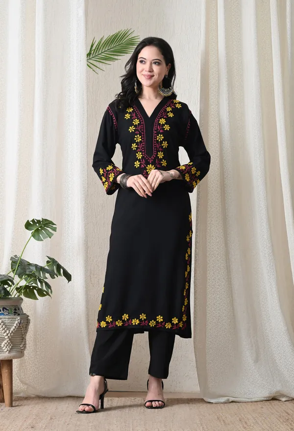 Black_Hand_Embroidered_Chikankari_Rayon_Kurta_with_Yellow_Floral_Thread_Work