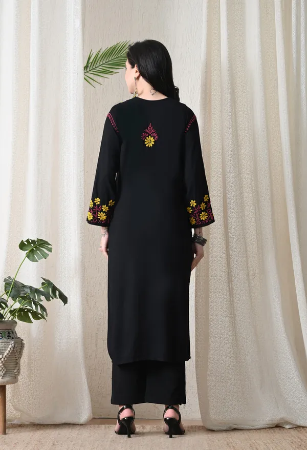 Black_Hand_Embroidered_Chikankari_Rayon_Kurta_with_Yellow_Floral_Thread_Work