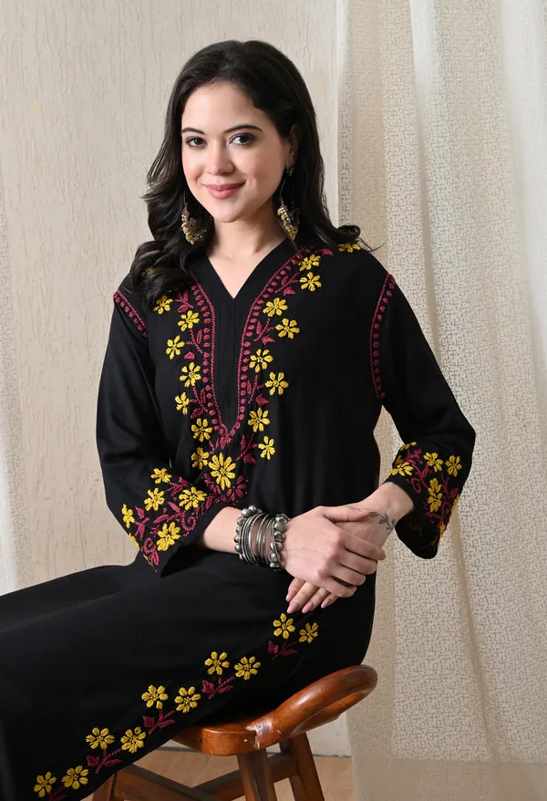Black_Hand_Embroidered_Chikankari_Rayon_Kurta_with_Yellow_Floral_Thread_Work