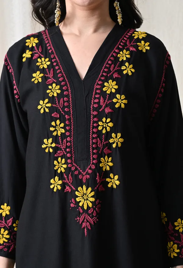 Black_Hand_Embroidered_Chikankari_Rayon_Kurta_with_Yellow_Floral_Thread_Work
