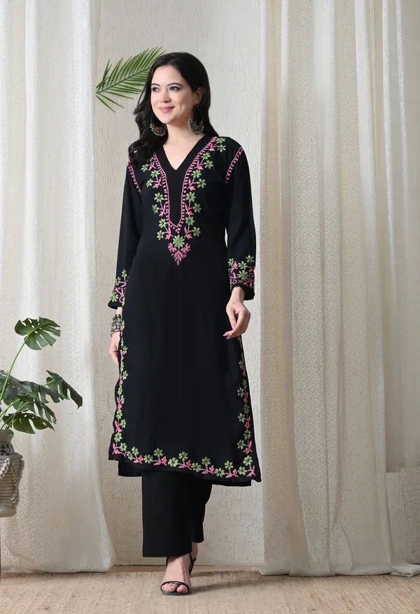 Black_Hand_Embroidered_Chikankari_Rayon_Kurta_with_Green_Floral_Thread_Work