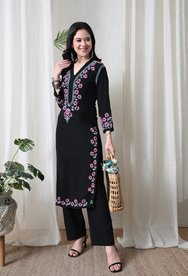 Black_Hand_Embroidered_Chikankari_Rayon_Kurta_with_Pink_Floral_Thread_Work