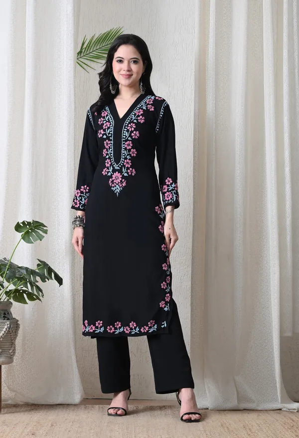 Black_Hand_Embroidered_Chikankari_Rayon_Kurta_with_Pink_Floral_Thread_Work