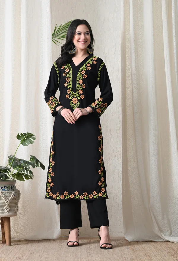 Black_Hand_Embroidered_Chikankari_Rayon_Kurta_with_Peach_Floral_Thread_Work