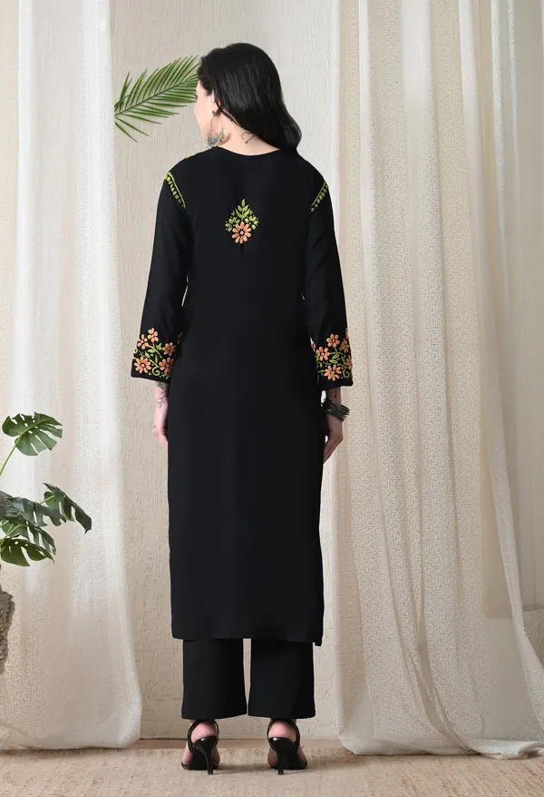 Black_Hand_Embroidered_Chikankari_Rayon_Kurta_with_Peach_Floral_Thread_Work