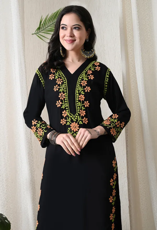 Black_Hand_Embroidered_Chikankari_Rayon_Kurta_with_Peach_Floral_Thread_Work