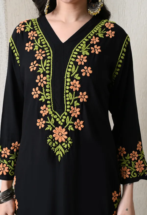 Black_Hand_Embroidered_Chikankari_Rayon_Kurta_with_Peach_Floral_Thread_Work