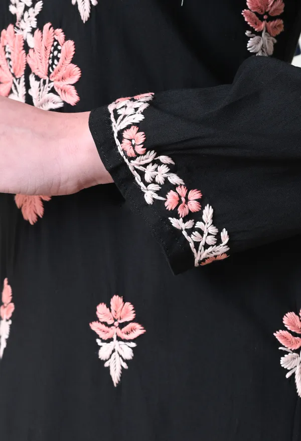 Black_Rayon_Chikankari_Kurta_with_Peach_Floral_Hand_Embroidery