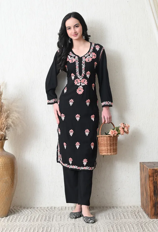 Black_Rayon_Chikankari_Kurta_with_Peach_Floral_Hand_Embroidery