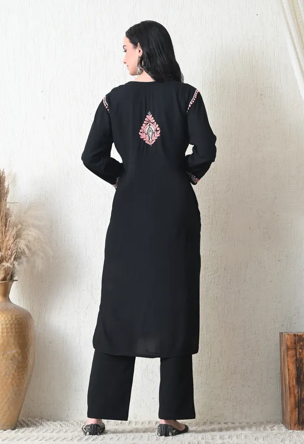 Black_Rayon_Chikankari_Kurta_with_Peach_Floral_Hand_Embroidery
