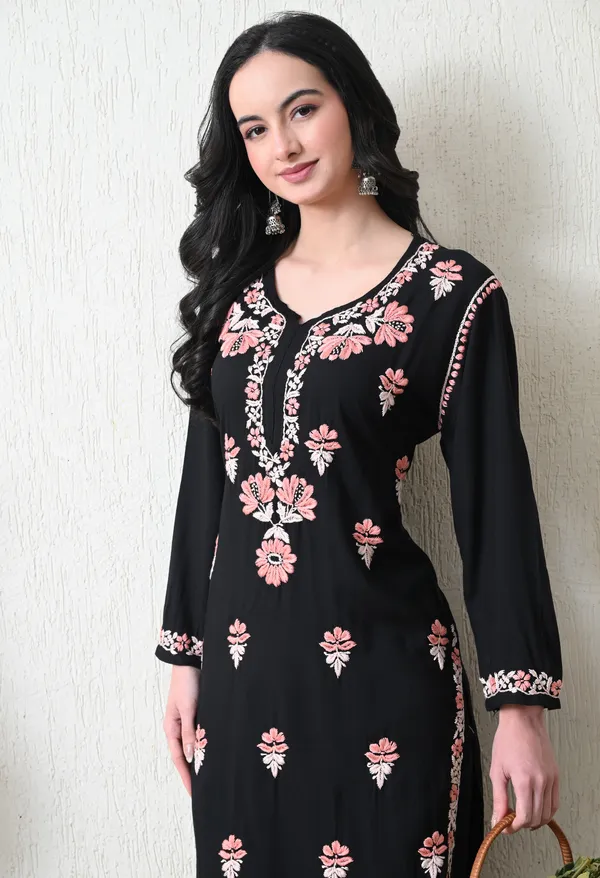 Black_Rayon_Chikankari_Kurta_with_Peach_Floral_Hand_Embroidery