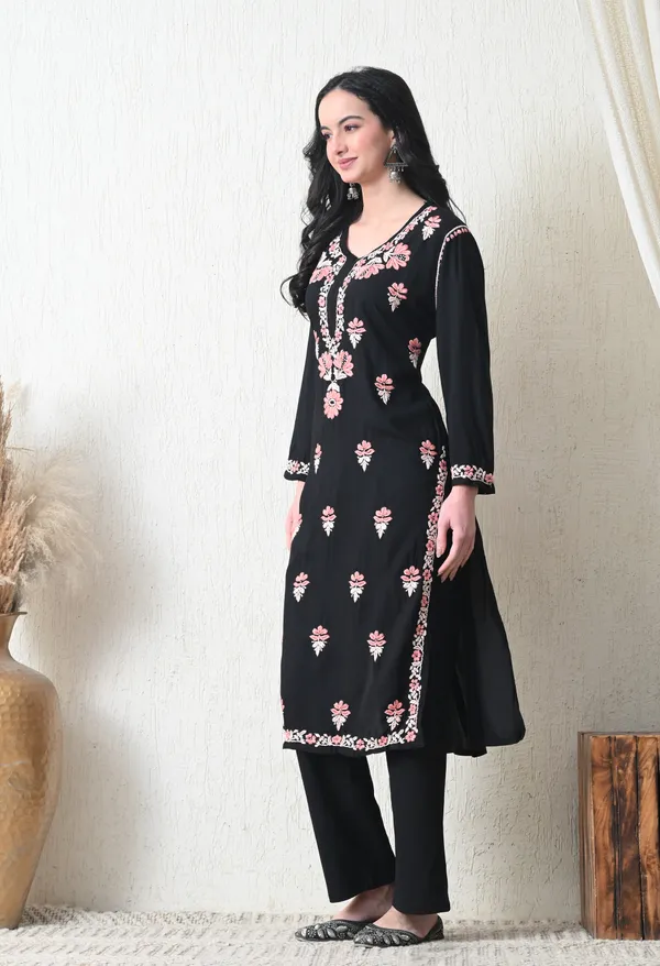 Black_Rayon_Chikankari_Kurta_with_Peach_Floral_Hand_Embroidery