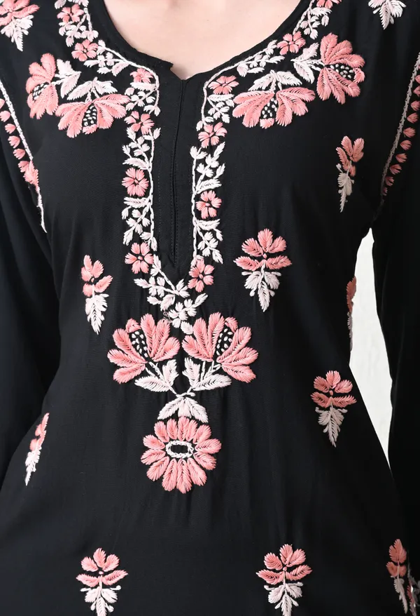 Black_Rayon_Chikankari_Kurta_with_Peach_Floral_Hand_Embroidery