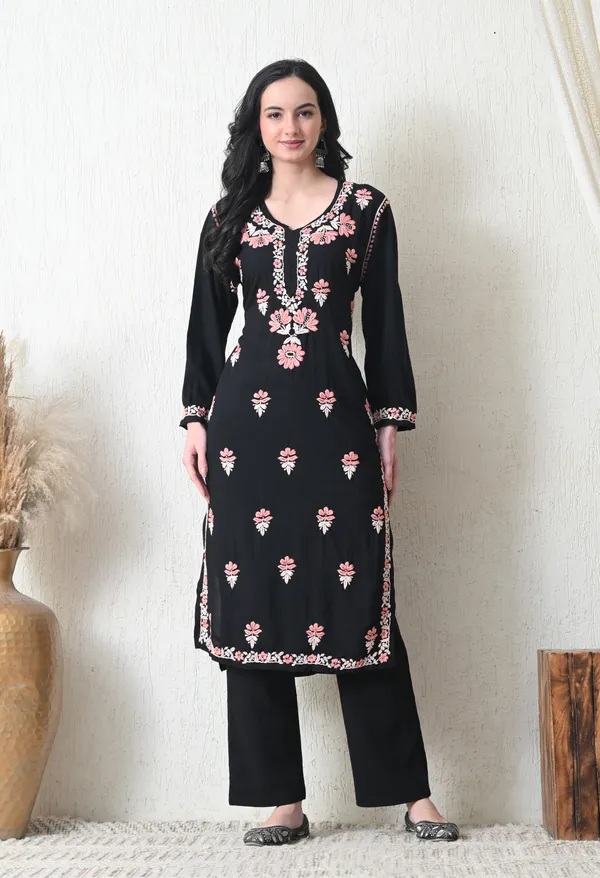 Black_Rayon_Chikankari_Kurta_with_Peach_Floral_Hand_Embroidery