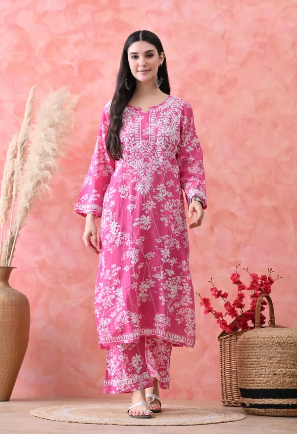 Hand_Embroidered_Chikankari_Mulmul_Plazo_Set-Dark_Pink