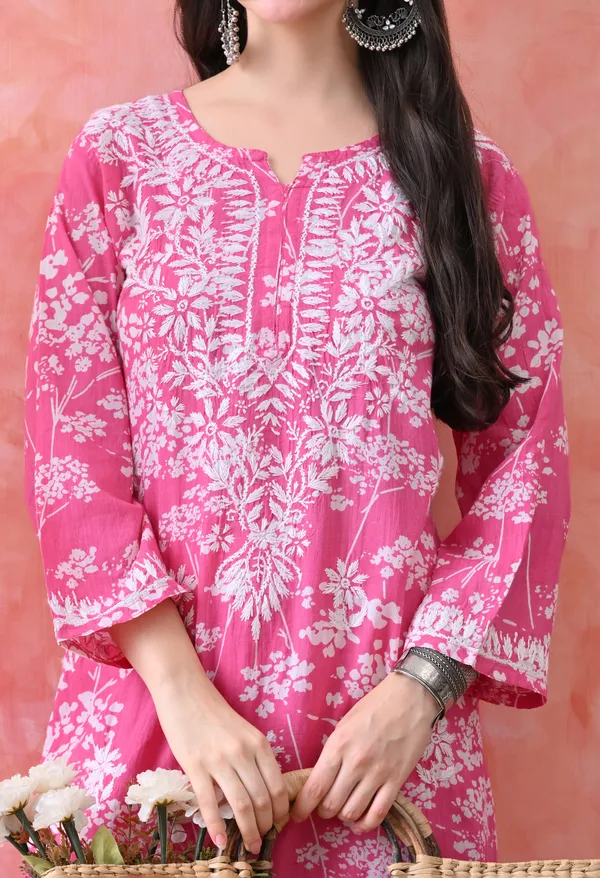 Hand_Embroidered_Chikankari_Mulmul_Plazo_Set-Dark_Pink