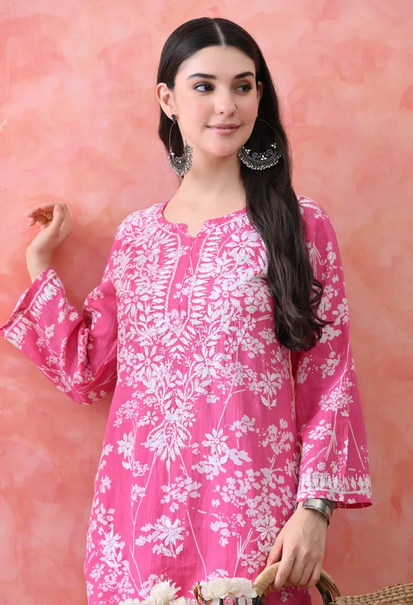 Hand_Embroidered_Chikankari_Mulmul_Plazo_Set-Dark_Pink