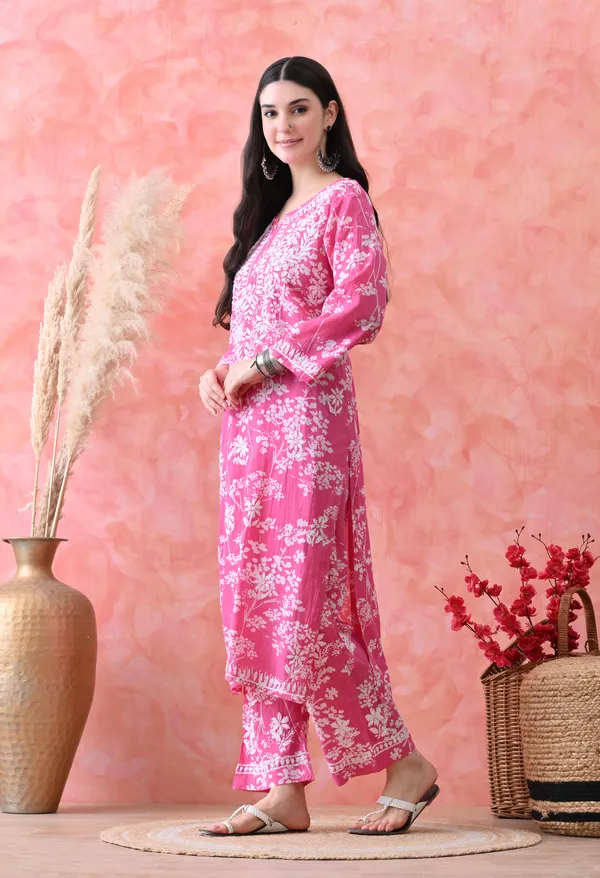 Hand_Embroidered_Chikankari_Mulmul_Plazo_Set-Dark_Pink