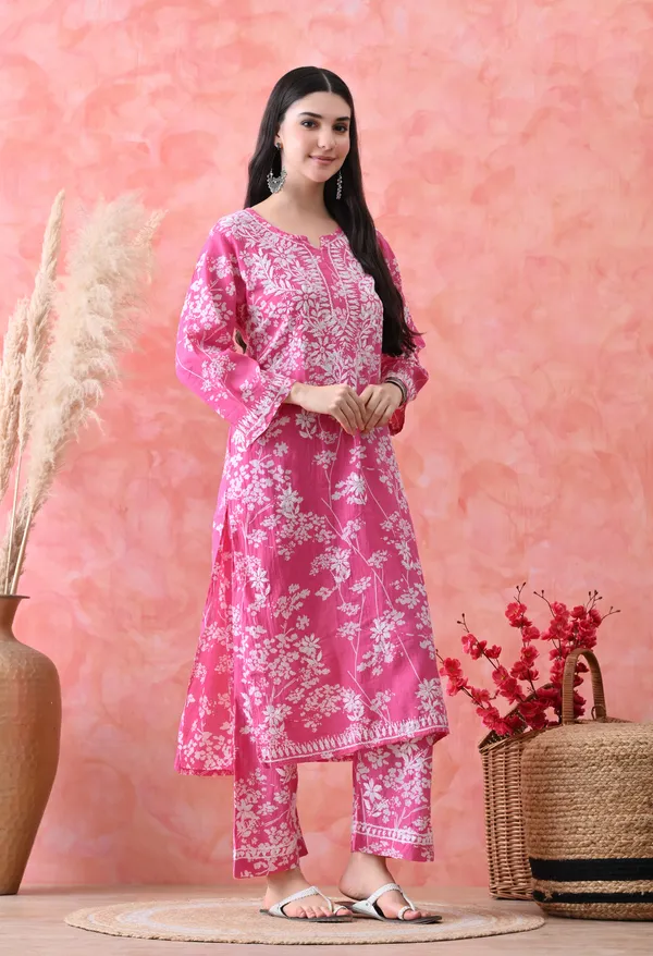 Hand_Embroidered_Chikankari_Mulmul_Plazo_Set-Dark_Pink