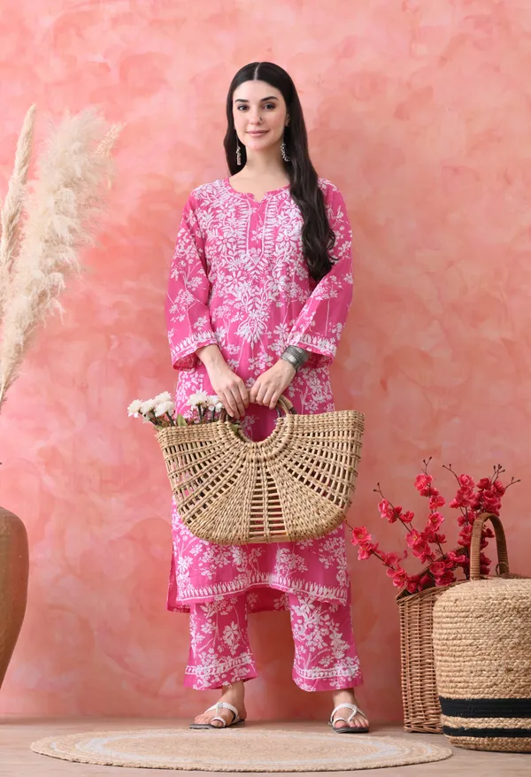 Hand_Embroidered_Chikankari_Mulmul_Plazo_Set-Dark_Pink
