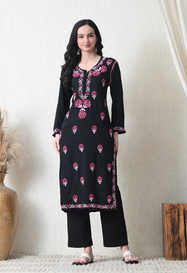 Black_Rayon_Chikankari_Kurta_with_Pink_Floral_Hand_Embroidery
