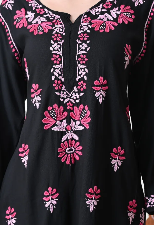 Black_Rayon_Chikankari_Kurta_with_Pink_Floral_Hand_Embroidery