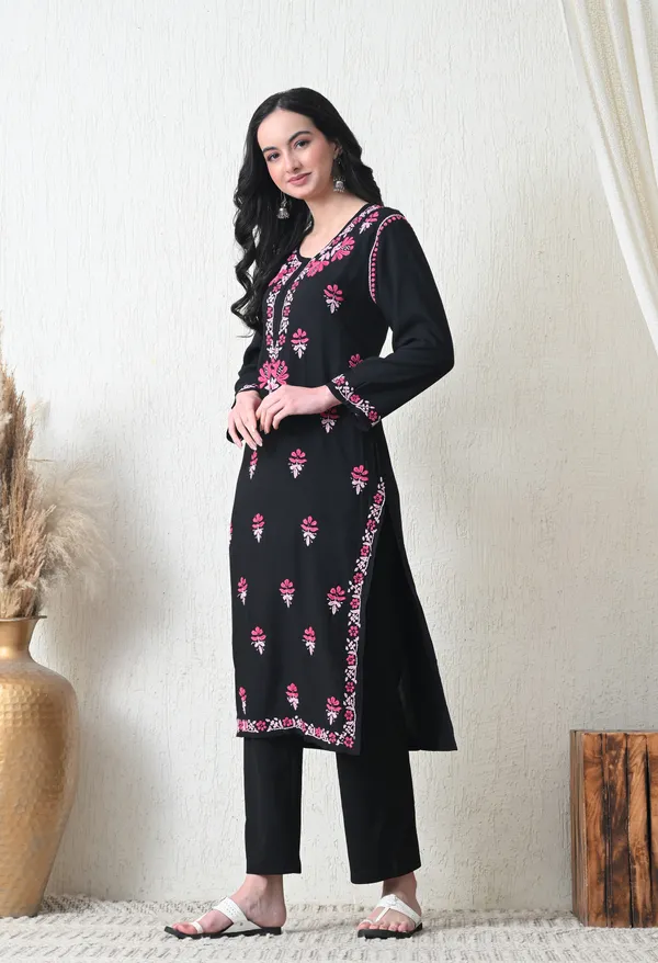 Black_Rayon_Chikankari_Kurta_with_Pink_Floral_Hand_Embroidery