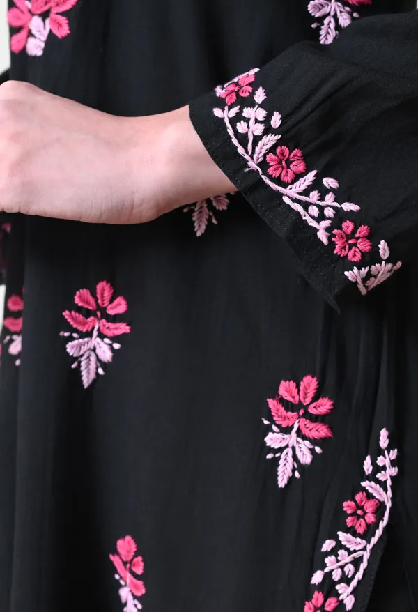 Black_Rayon_Chikankari_Kurta_with_Pink_Floral_Hand_Embroidery
