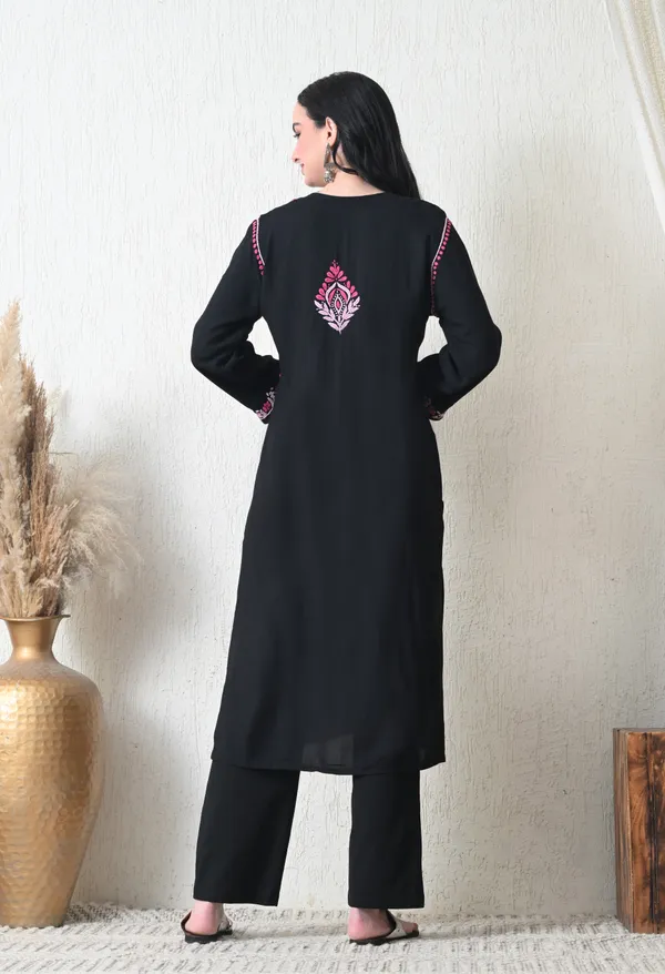Black_Rayon_Chikankari_Kurta_with_Pink_Floral_Hand_Embroidery