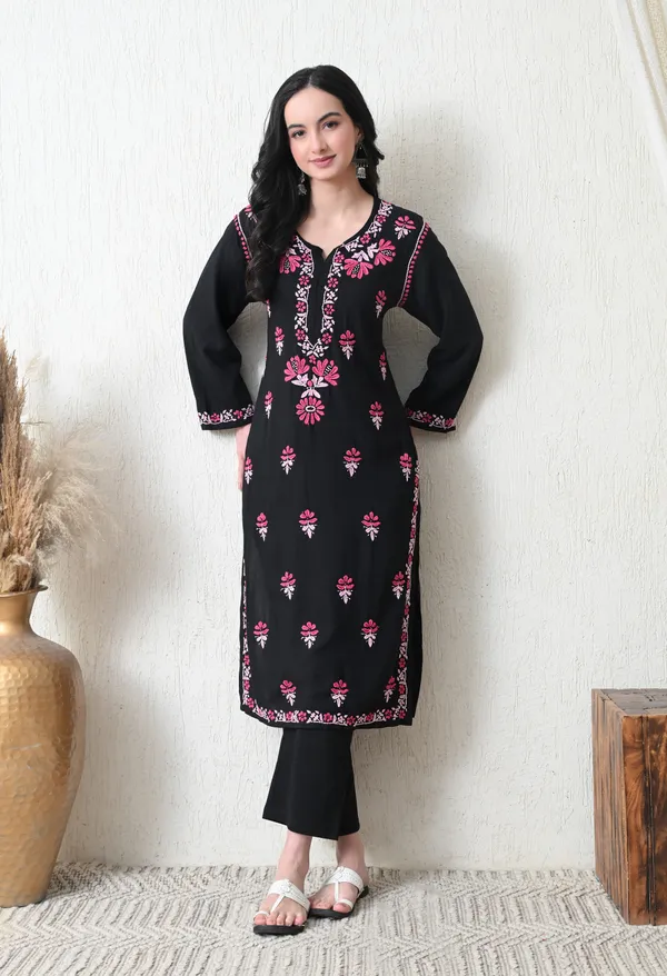Black_Rayon_Chikankari_Kurta_with_Pink_Floral_Hand_Embroidery