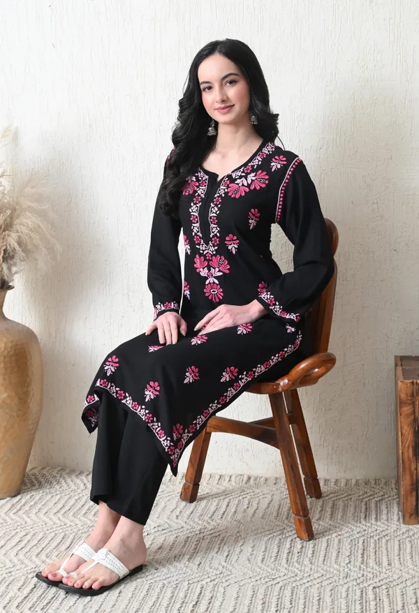 Black_Rayon_Chikankari_Kurta_with_Pink_Floral_Hand_Embroidery