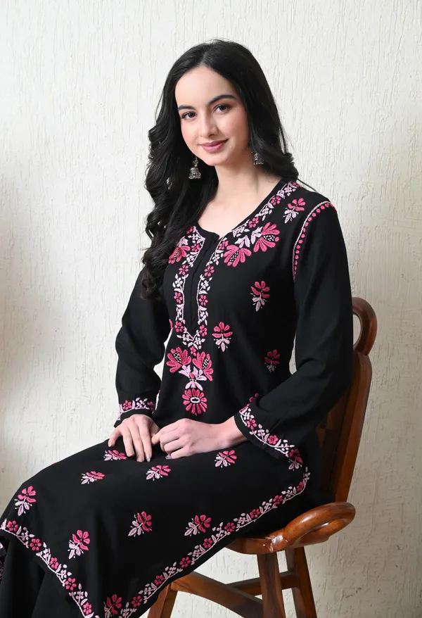 Black_Rayon_Chikankari_Kurta_with_Pink_Floral_Hand_Embroidery