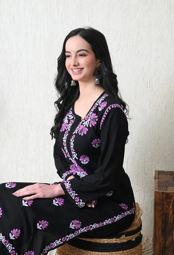 Black_Rayon_Chikankari_Kurta_with_Purple_Floral_Hand_Embroidery