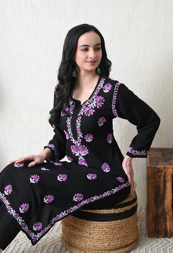 Black_Rayon_Chikankari_Kurta_with_Purple_Floral_Hand_Embroidery