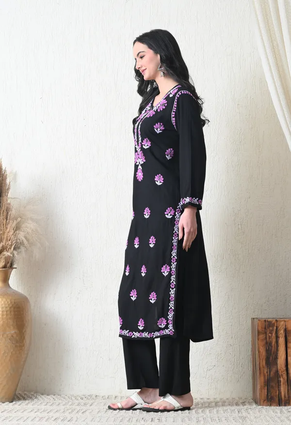 Black_Rayon_Chikankari_Kurta_with_Purple_Floral_Hand_Embroidery