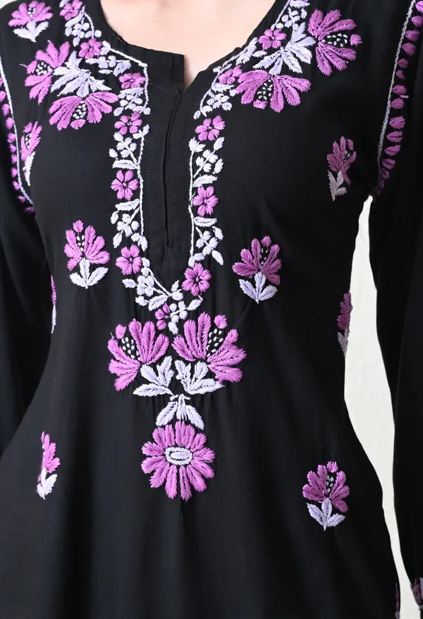 Black_Rayon_Chikankari_Kurta_with_Purple_Floral_Hand_Embroidery