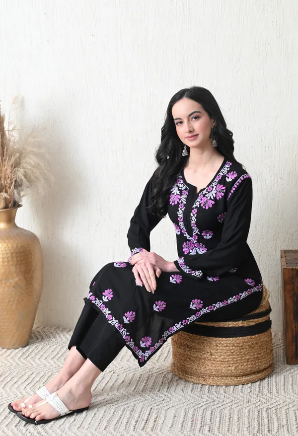 Black_Rayon_Chikankari_Kurta_with_Purple_Floral_Hand_Embroidery