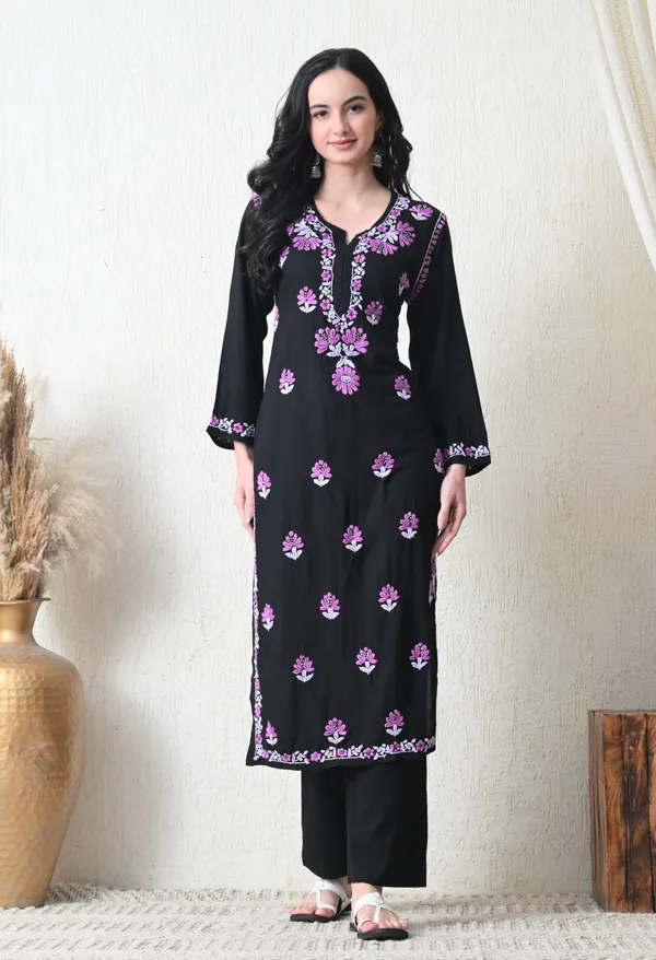 Black_Rayon_Chikankari_Kurta_with_Purple_Floral_Hand_Embroidery