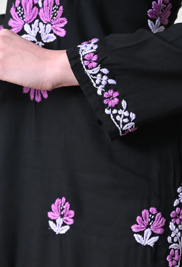 Black_Rayon_Chikankari_Kurta_with_Purple_Floral_Hand_Embroidery