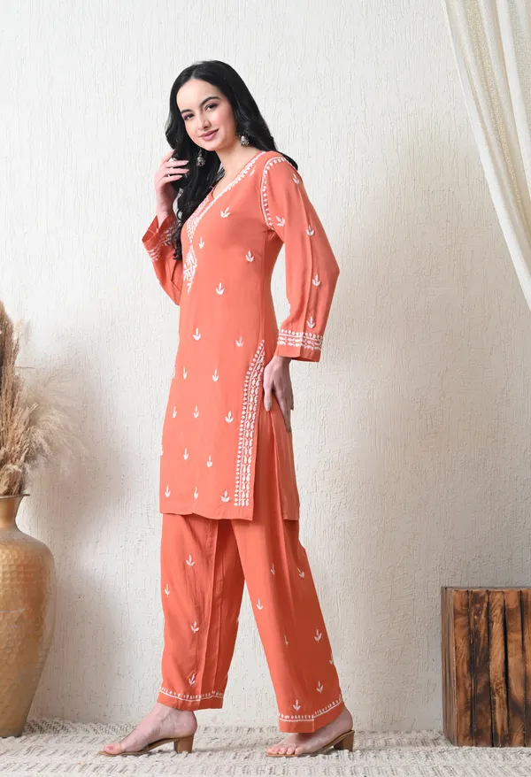 Peach_Rayon_Chikankari_Straight_Kurta_Set_with_Hand_Embroidery
