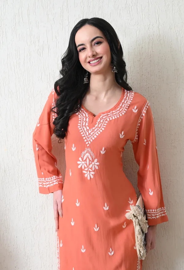 Peach_Rayon_Chikankari_Straight_Kurta_Set_with_Hand_Embroidery
