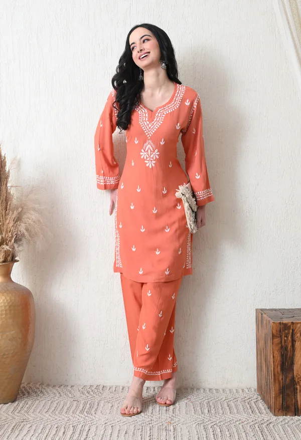 Peach_Rayon_Chikankari_Straight_Kurta_Set_with_Hand_Embroidery