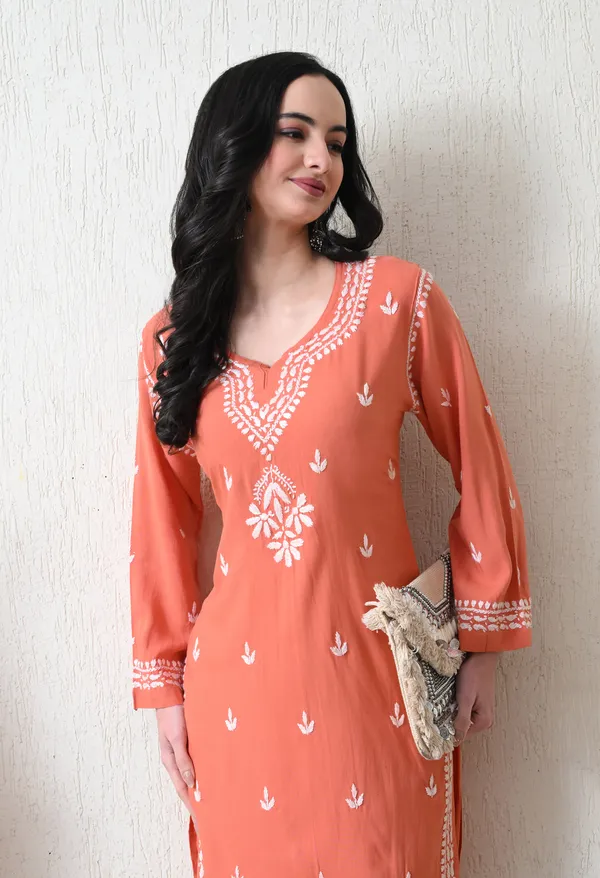 Peach_Rayon_Chikankari_Straight_Kurta_Set_with_Hand_Embroidery